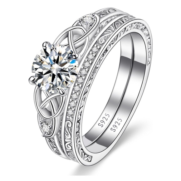 10k Love Trinity Celtic Knots Wedding Engagement Ring Set - Picture 6 of 10